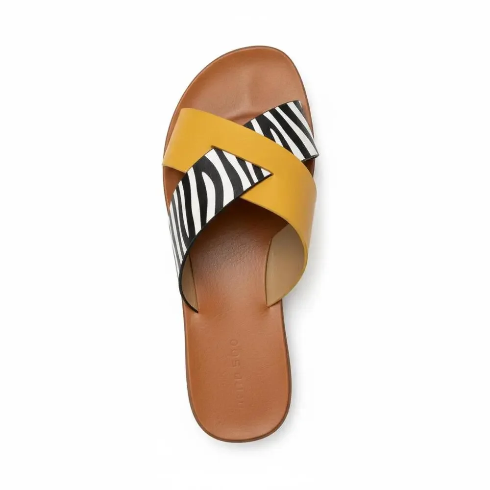 Zebra Print Cross-Strap Flat Slide Sandals in Mustard Yellow